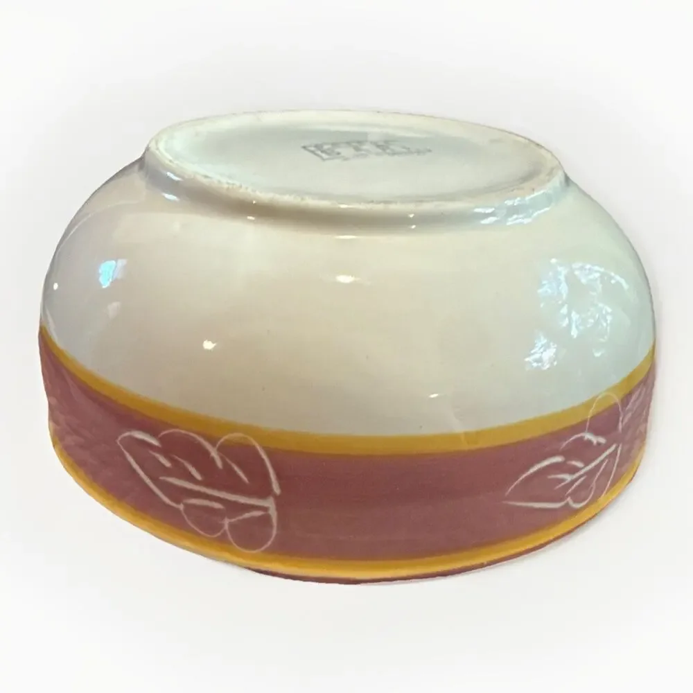 Vntg Pottery Barn Ceramic Round Serving Bowl Fruit Pattern Burgundy Yellow 8”